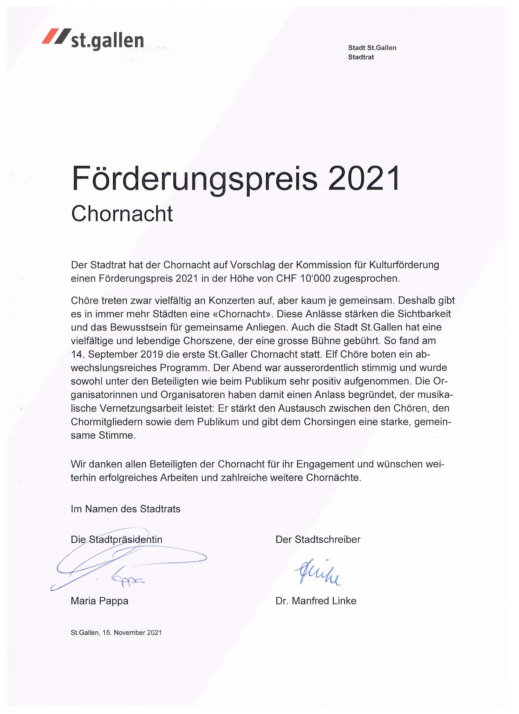 Förderungspreis Urkunde